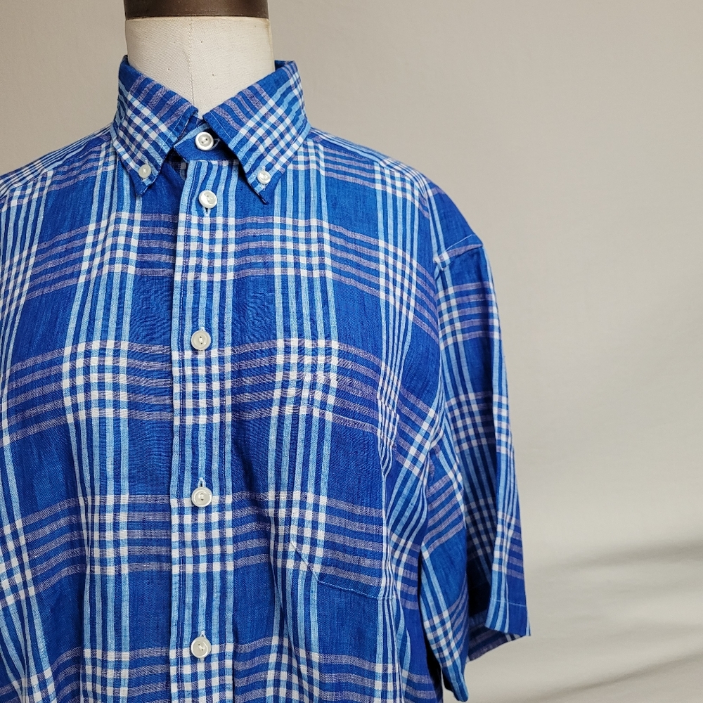 Eton of Sweden Linen short sleeve plaid buttonup